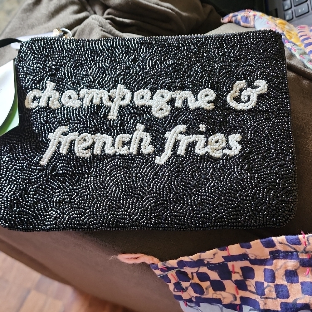 Kate Spade Black Beaded Clutch with Playful Text